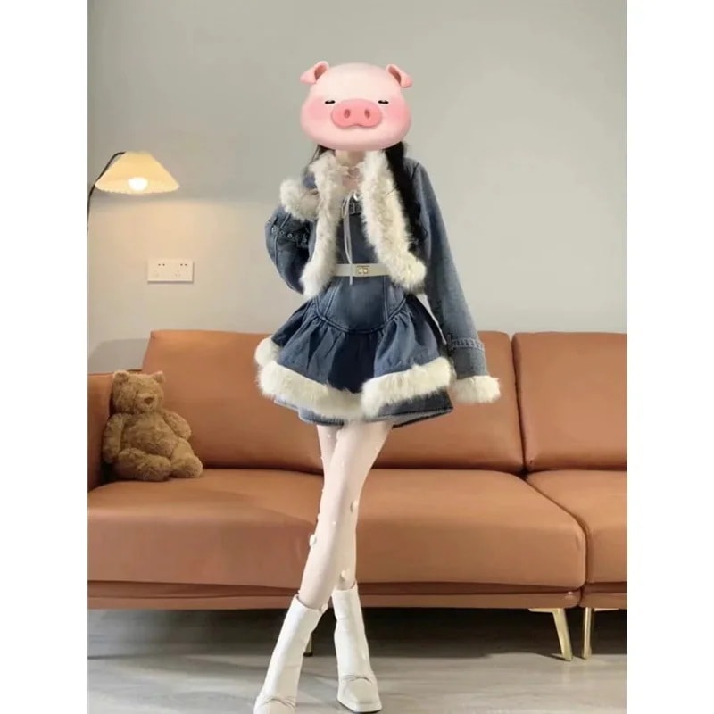 冬のワンピース 秋と冬のレトロな気質スパイシーな女の子スプライシングデニムジャケット+サスペンダースカートズボン薄くて汎用性の高いセット ファッションワンピースドレス長袖ミニ膝丈ワンピ