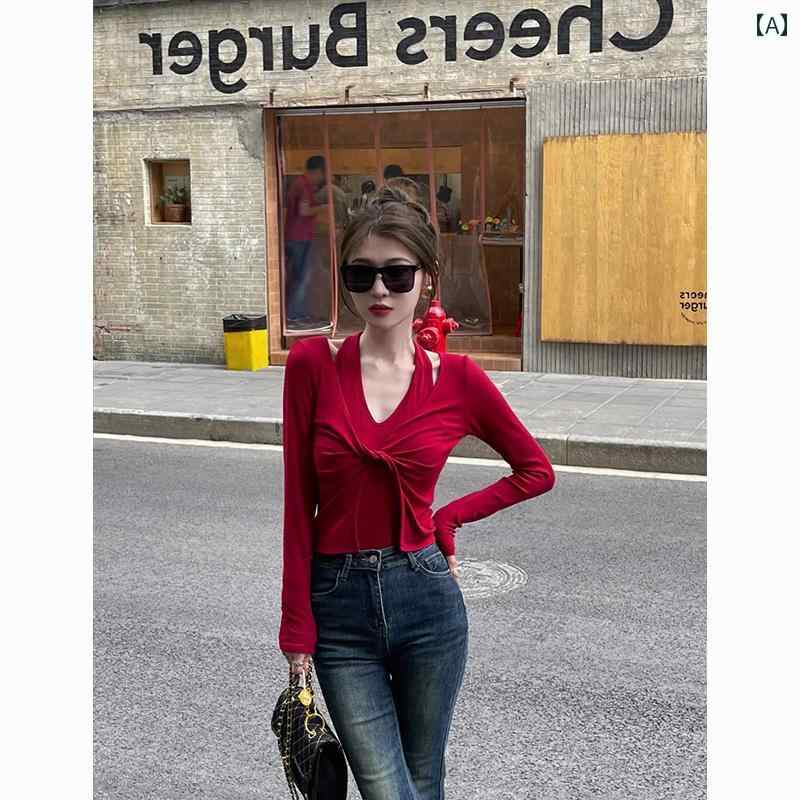 レディース トップス カジュアル おしゃれ 秋 フェイクセットアップ 重ね着風 赤 ショート Tシャツ スリム 長袖 右 肩 甘くて スパイシー 8,359円