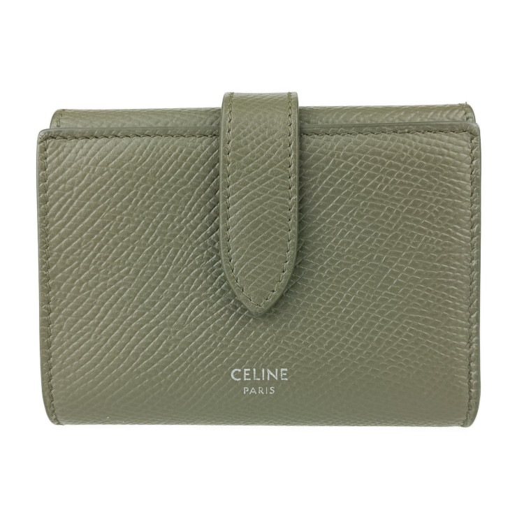 美品 CELINE セリーヌ 三つ折り財布 ファインストラップウォレット 10H483BEL.31DO ダークオリーブ グレインドカーフスキン レディース コンパクト財布【本物保証】