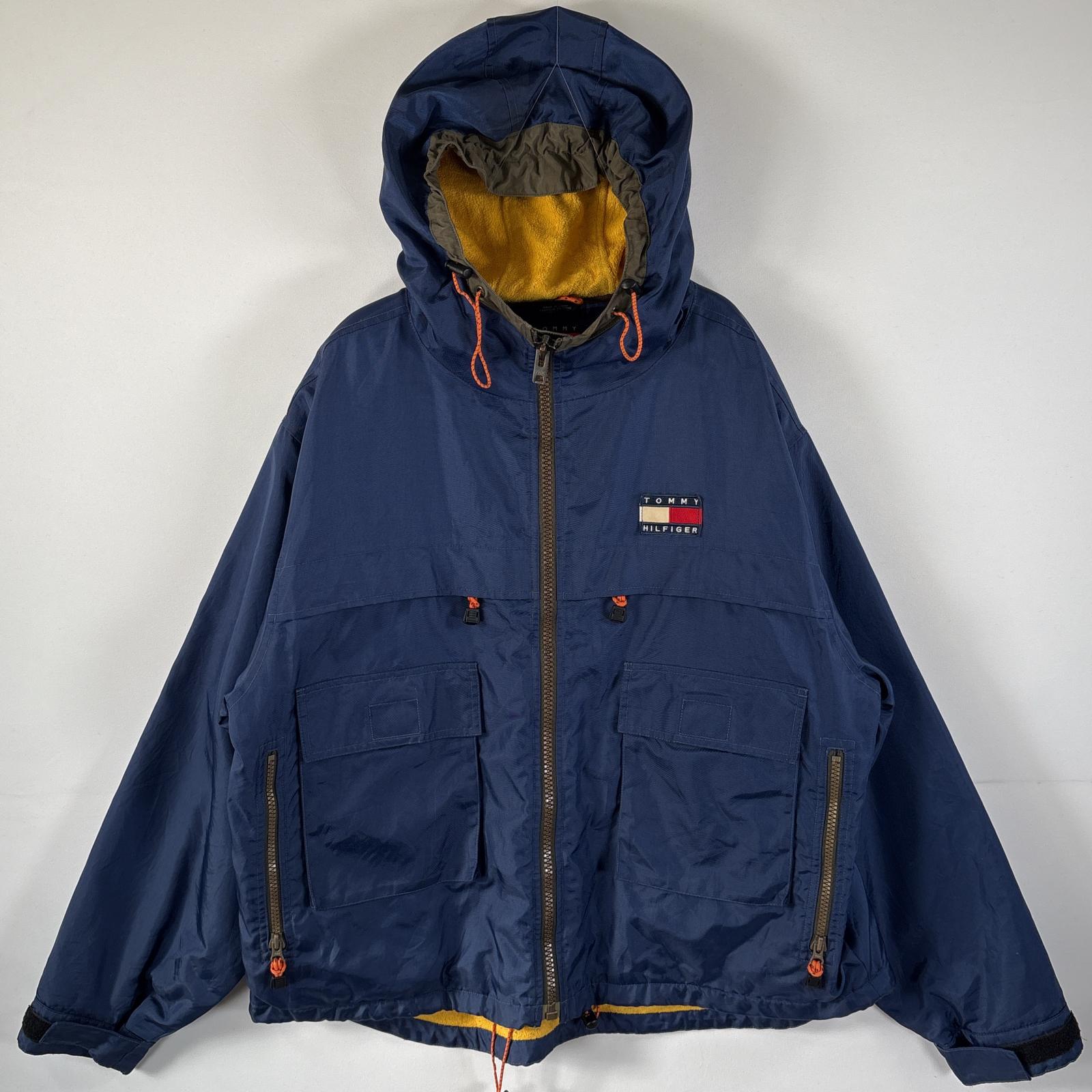 古着 90s/90年代 ナイロンジャケット ワンポイント フルジップ 大きいサイズ XL ネイビー メンズ