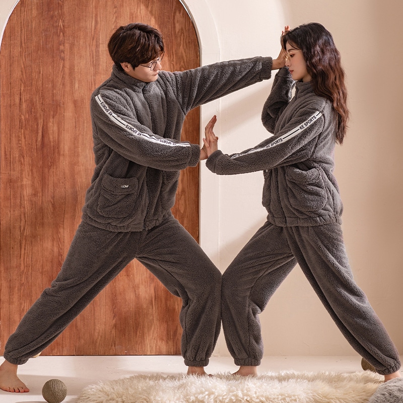 ペアパジャマ カップル 秋冬 暖かい 厚手 フランネル 大きいサイズ厚い保温サンゴの绒のカップルのパジャマの女性冬フランネル男性スポーツレジャー家居服は冬を着ることができます