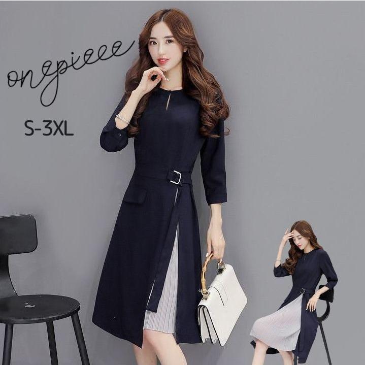 ワンピース レディース 女性 7分袖 ラウンドネック 膝丈 ひざ丈 ウエストマーク ベルト ティアドロッププラケット 大きいサイズ 異素材 スリット