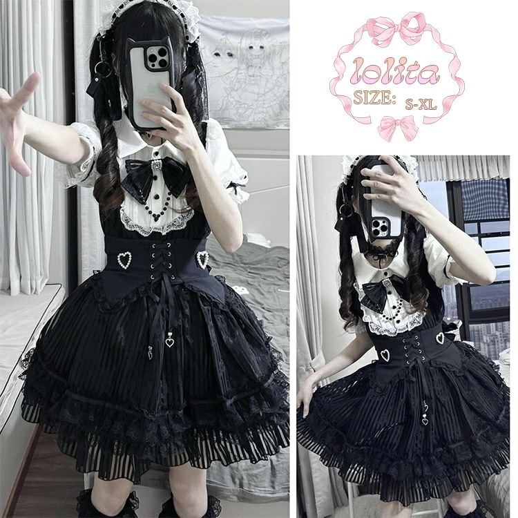 ロリータ キッズ ドレス 子供服 黒白 ワンピース 女の子 ガーリー ロリータ風 レース シースルー袖 リボン ハロウィン 文化祭 イベント おしゃれ 可愛い 華やか キッズパーティー 写真撮影 動き