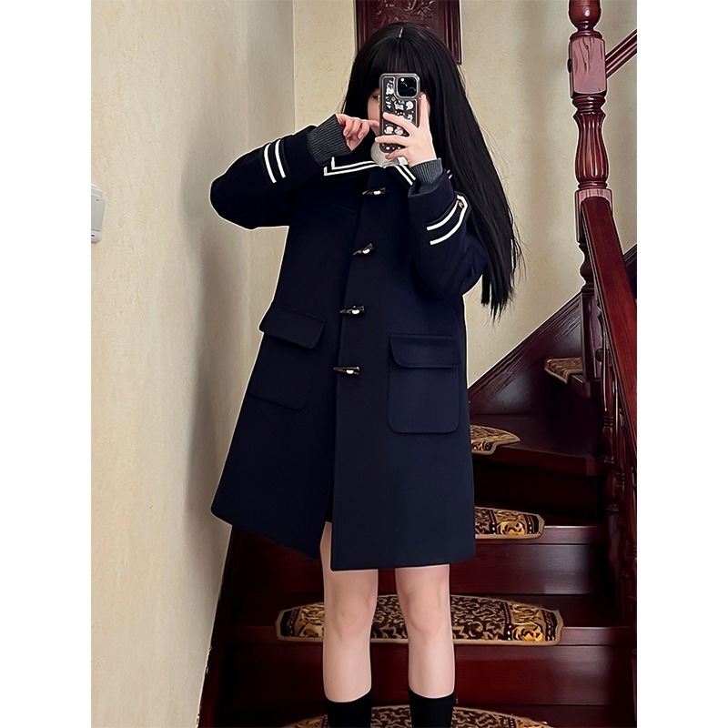 日系jk制服女ラシャ牛角ボタンコート学院風秋冬ミディアム丈スクールフィーリングパーカー