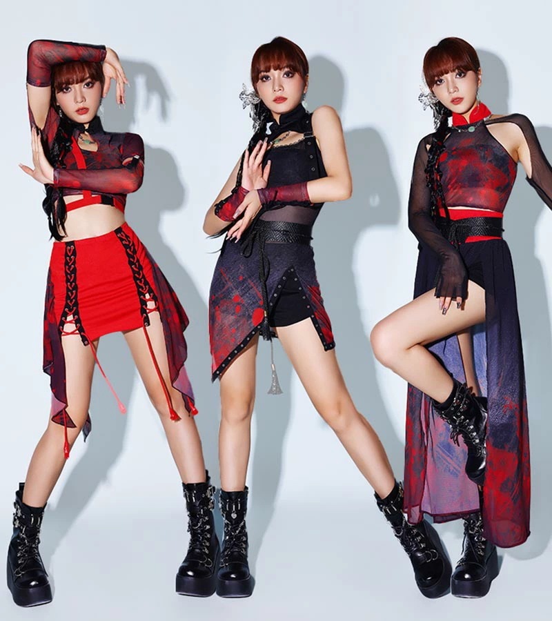 プレゼントに最適ダンス衣装 ダンストップス へそ出し レッド ガールズ スカート ロングスカート カットソー レディース 半袖 tシャツ 韓国 ヒップホップ ストリート系 韓国ファッション ショート丈