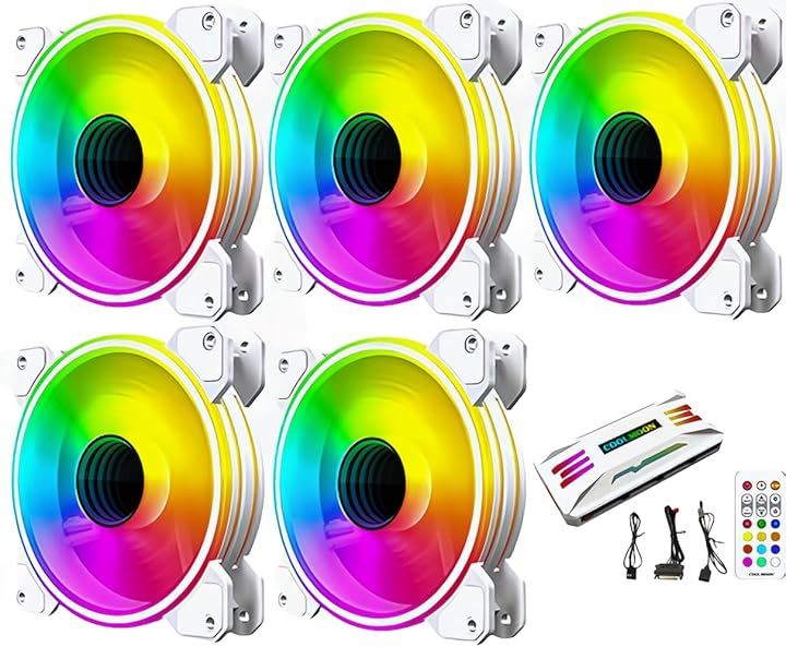 PCケースファン5枚セット 120mm 4pin PWM LED ARGB 5v 3pin ファンハブ コントローラー付き リモコン 色変更可能 ファン回転速度変更可能( ホワイト)