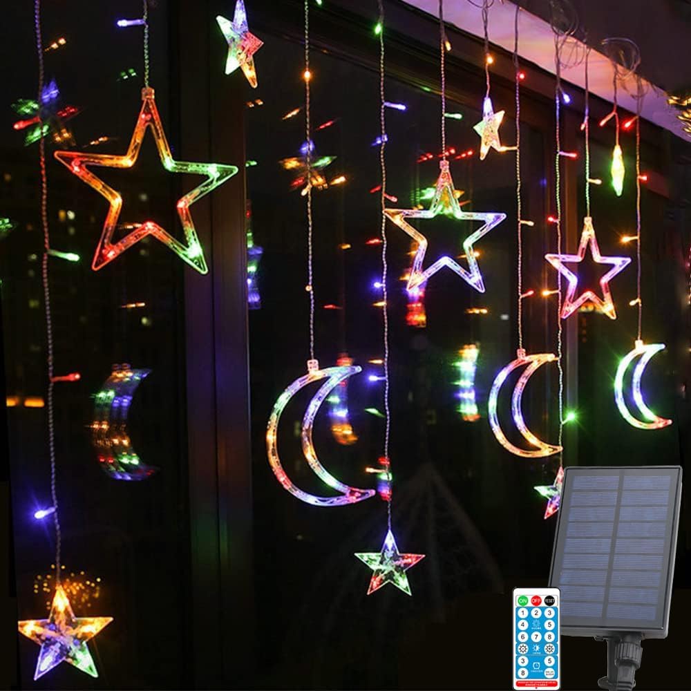今も人気！ソーラー イルミネーション ライト 星 月 ストリングライト カーテンライ ト 屋外 屋内 138電球 3.5m 8種類モード リモコン付 タイマー機能 防水 電飾 クリスマス 飾り 自動点