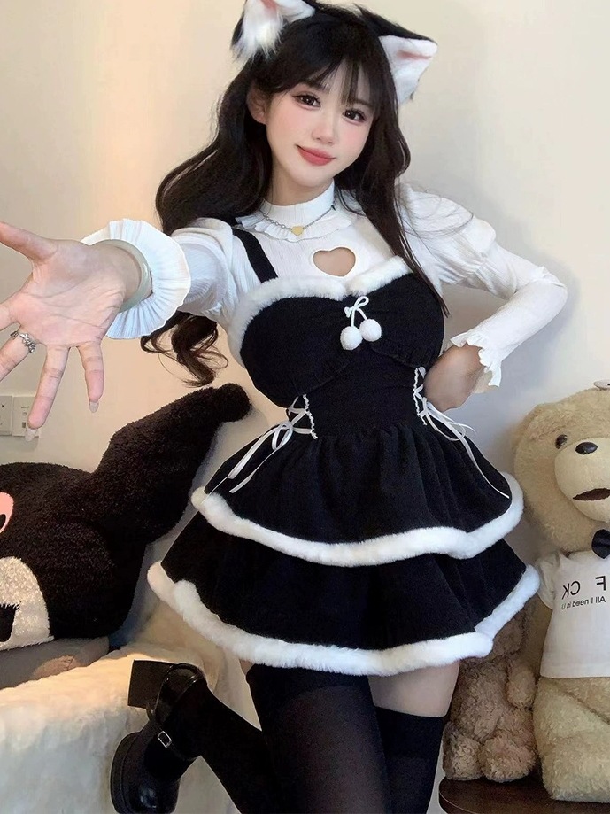 クリスマス限定ラブピュア欲望シャツ＋コーデュロイホルタースカートハイウエスト細身スウィート秋冬女性