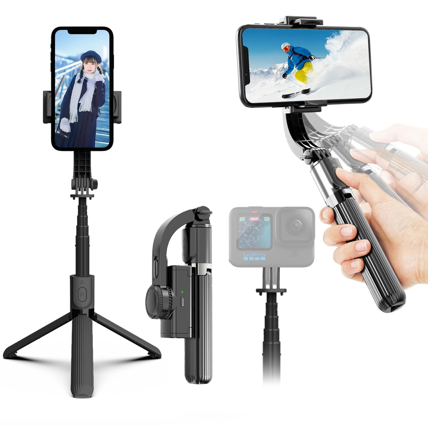 【2025最新手ブレ防止自撮り棒 ジンバル三脚スリーインワン一体三役】スマホジンバル【Bluetoothリモコン付き】スタビライザー 片手持ち単軸スタビライザー 自撮り棒 5段階伸縮 多機能 安定撮影