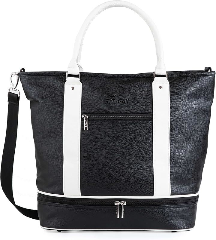 ゴルフ トートバッグ メンズ 高級PUレザー 大容量 シューズ収納可 3WAY 型押しロゴ ショルダーストラップ付属 防水(ブラック)