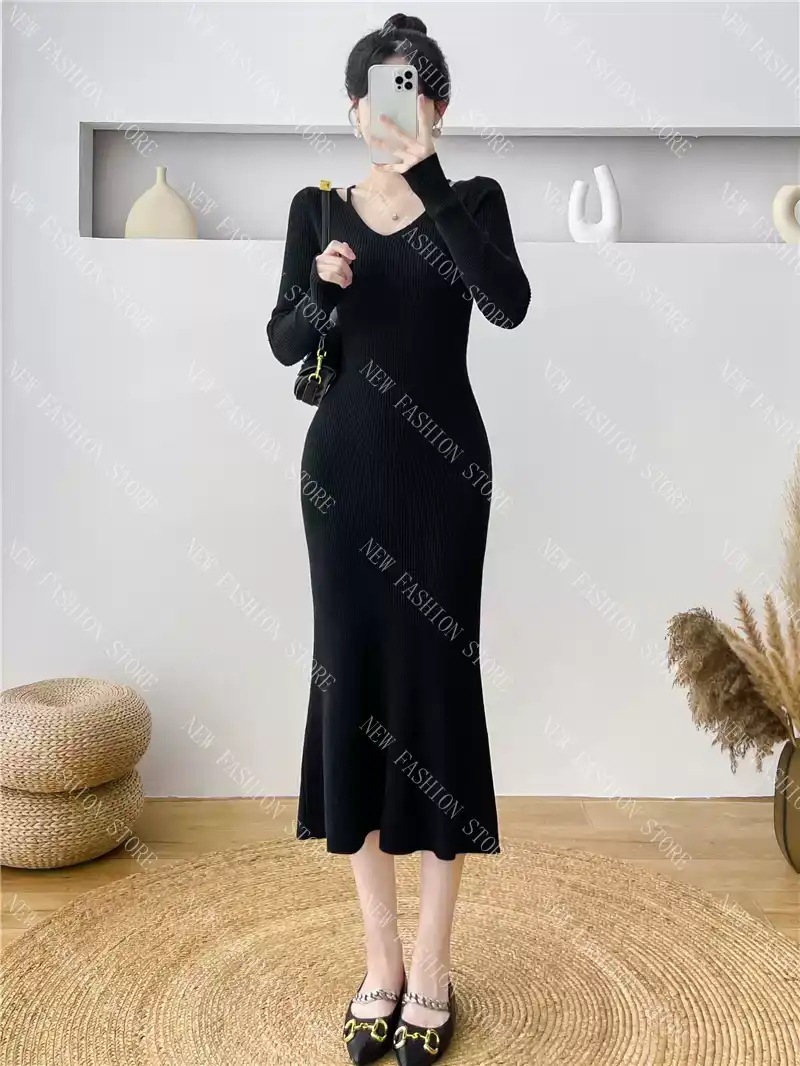 ニットワンピースレディース秋冬バッグヒップスカート-82