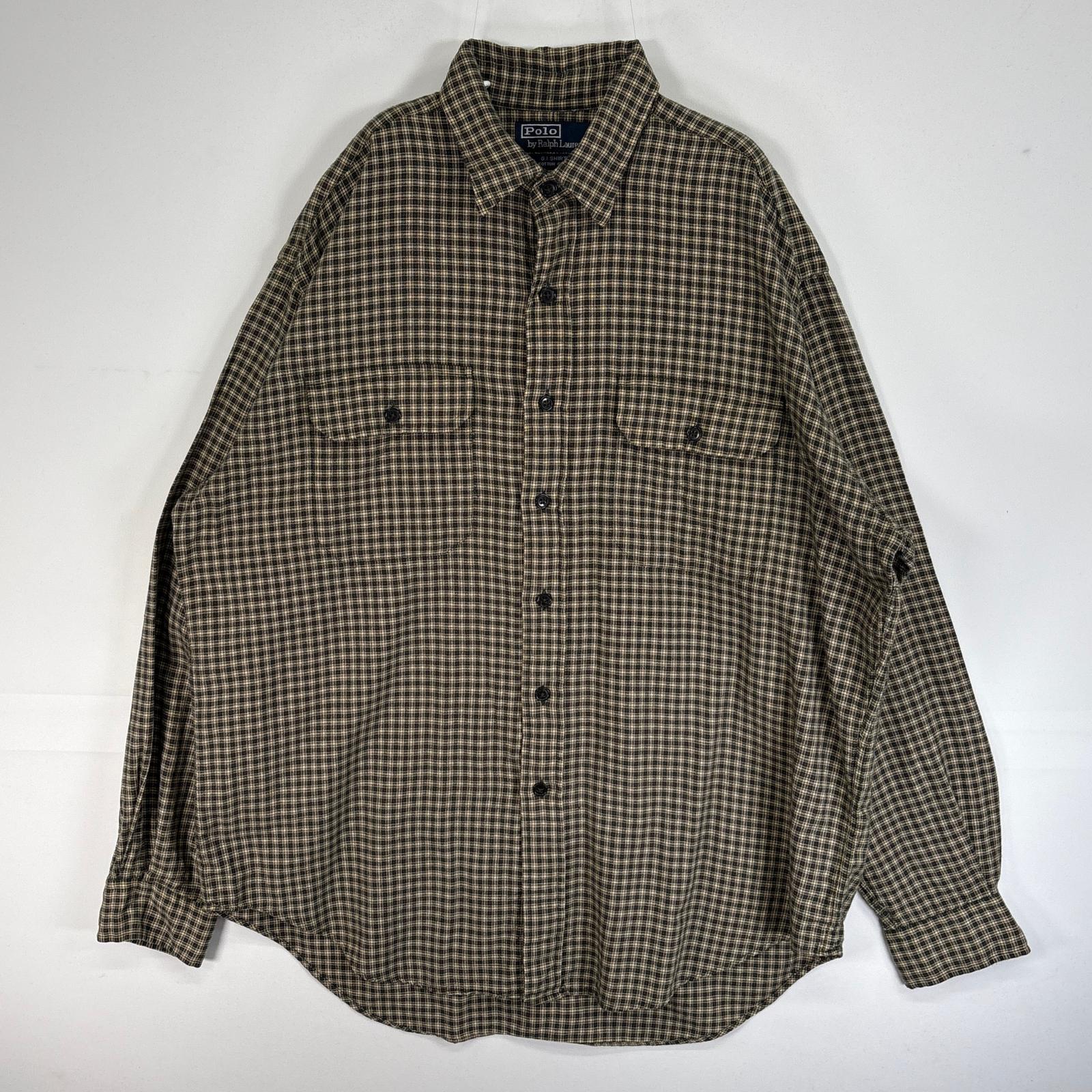 古着 90s/90年代 ポロバイラルフローレン Polo by Ralph Lauren 長袖シャツ ロゴ 刺繍 フラップポケ チェック G.I.SHIRT L グリーン系 マルチカラー メンズ