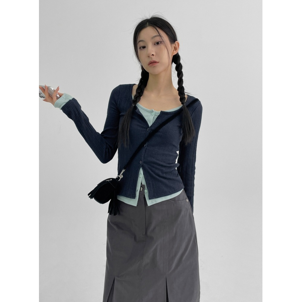 ブラックアップ [ニュースプリング] レベットレイヤードリブカーディガン