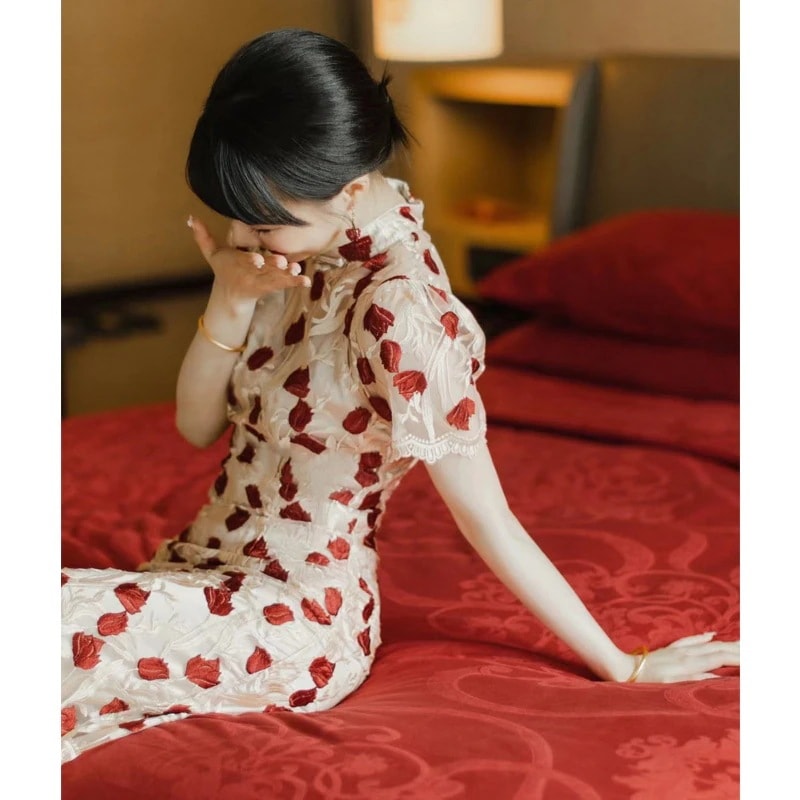 花嫁用 チョンサム 小さめ ハイエンドレース エンゲージメント用 シンプルドレス 夏用 スリム