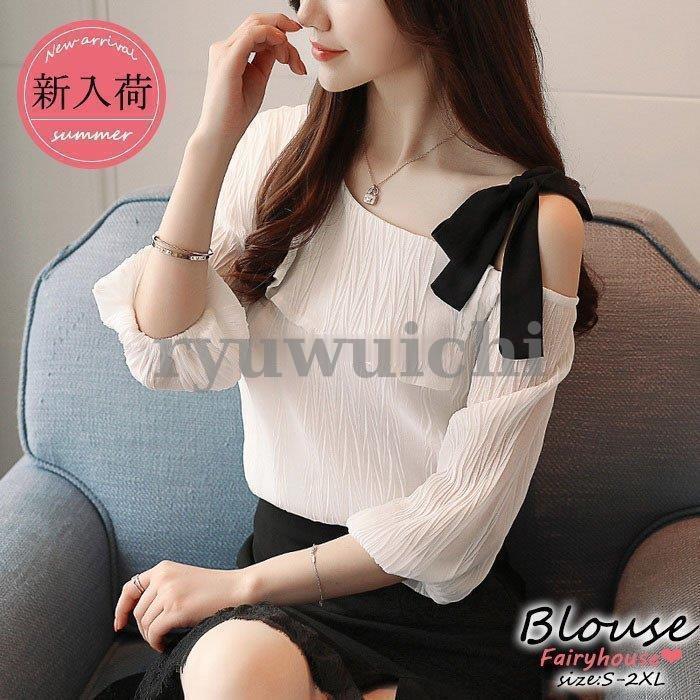 【急速出荷!】気質 長袖シャツ ブラウスレディース 40代 夏新作 オシャレブラウス 白シフォンブラウス オフショルダーブラウス リボン 五分袖トップス 大人通勤L ゆったりシャツ30代50代 4,606円