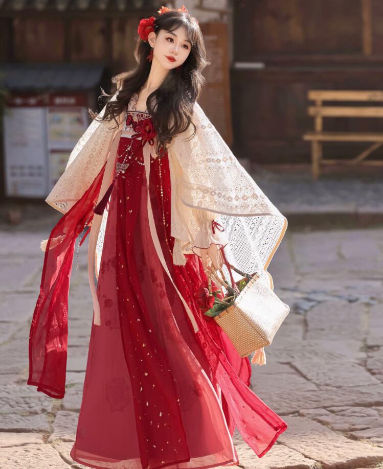 レディース漢服 ハロウィン コスプレ衣装 漢服 漢元素 ゴージャス ドレス 可愛い ブラウス 花飾り付き 蝶飾り付き キャミソールドレス 羽織 マント 学園祭 文化祭 イベント 撮影衣装 おしゃれ