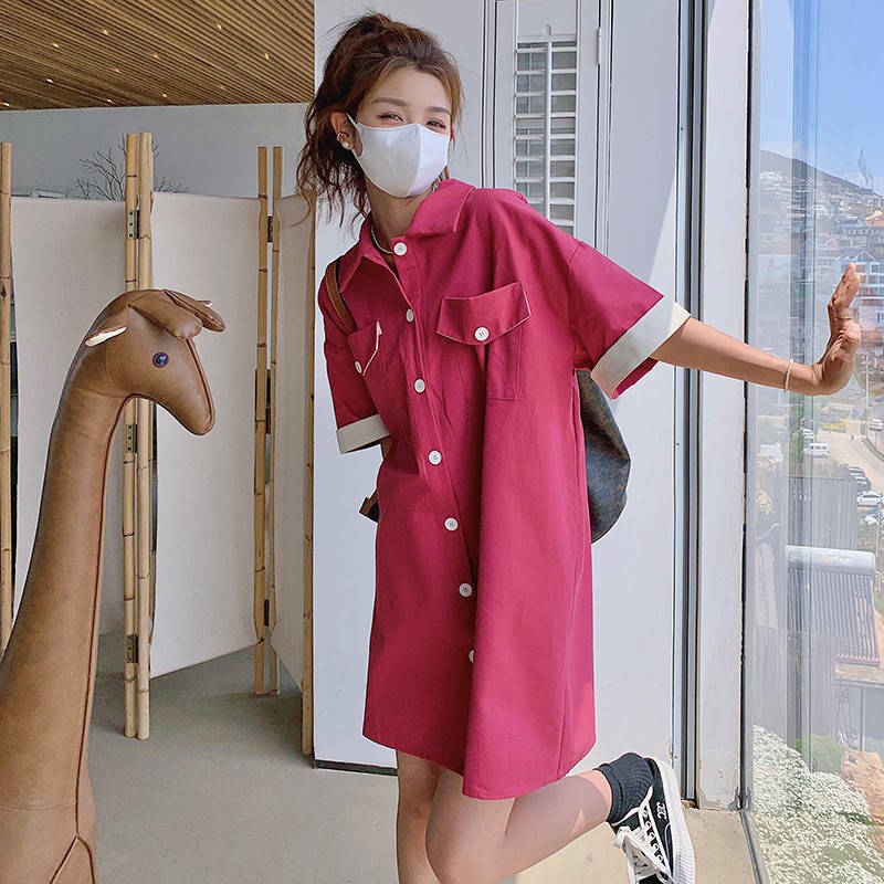 実際の2024シングルブレストドラゴンフルーツカラーシャツワンピース夏怠惰な風ルーズカジュアルストレートワンピース女性 4,783円