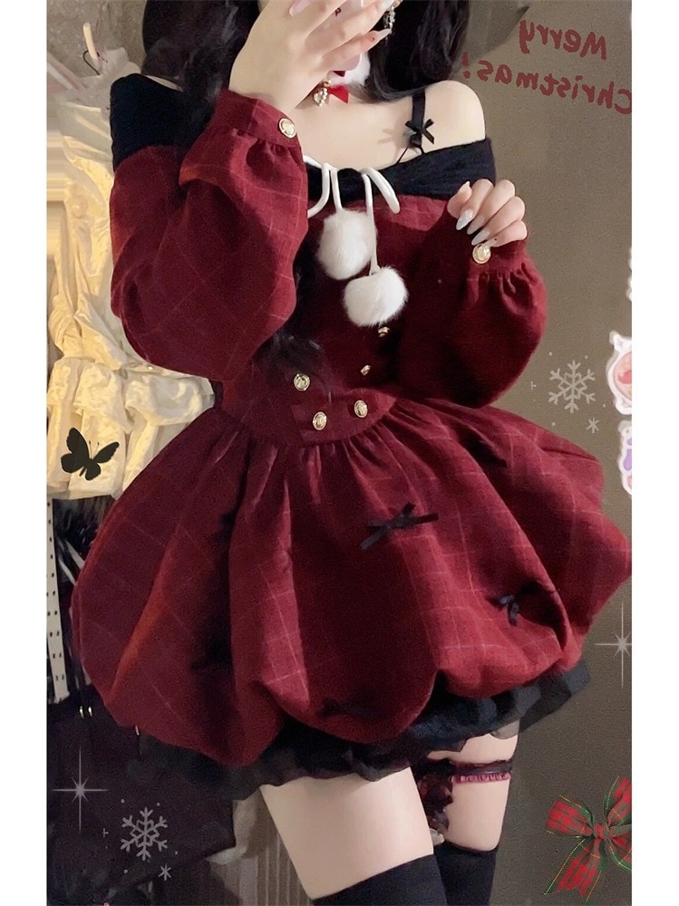 大晦日クリスマスシャツバーガンディワンショルダー長袖パフィードレスショートスカート女性用誕生日パーティードレス