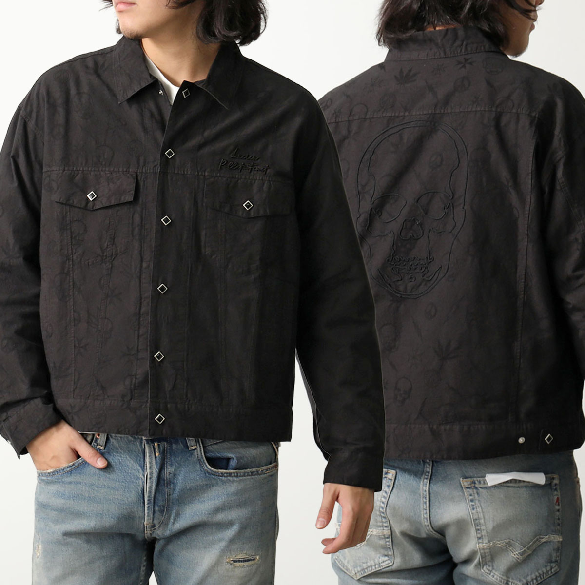 lucien pellat-finet ルシアンペラフィネ シャツ YMP 1333U 213-11709 メンズ コットン 長袖 ジャケット 胸ポケット ショート丈 スカル ロゴ刺繍 BLACK