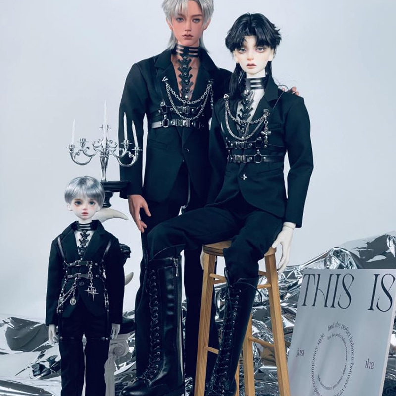 BJD ドール服 1/4 70cm級 ドール用衣装セット スーツ 黒 ベルト サスペンダー チェーン MSD/SD17/POPO68/70cm/ID75サイズ球体関節人形用 ドールウェア