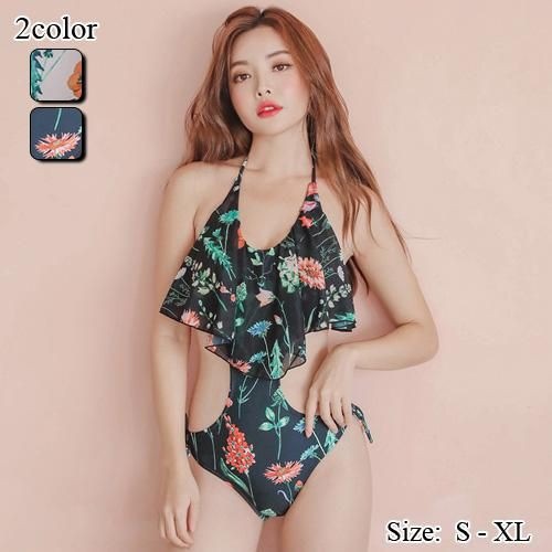 【グラシア】 水着 モノキニ レディース ビーチウェア スイムウェア 流行 海 プール オフショル ガーリー デコルテ フレア 花柄 こなれ感 愛らしい 大人 ホワイト ブラック S M L モノキニ
