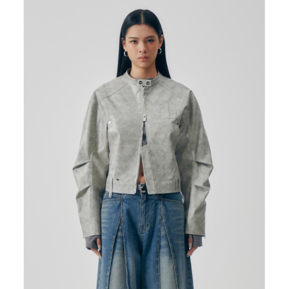 TREEMINGBIRD Moto Cropped Leather Jacket Light Gray TM 27,156円