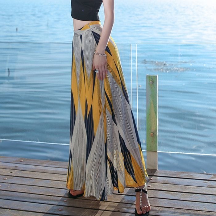 3192.マキシ丈 ダイヤ柄シフォンスカート（イエロー＆ネイビー）2019 春夏 sale ダイア ロング お出かけ 普段使い