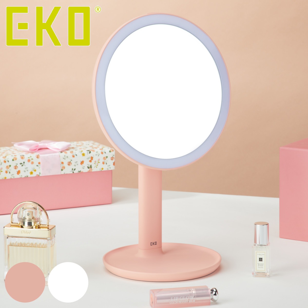 ミラー ライト付き EKO 卓上ミラー LED 明るさ調整 3段階調節 コードレス スタンドミラー 卓上鏡 ライト 照明 丸 メイクミラー 化粧鏡 角度調整 充電式 卓上 LEDミラー メイク
