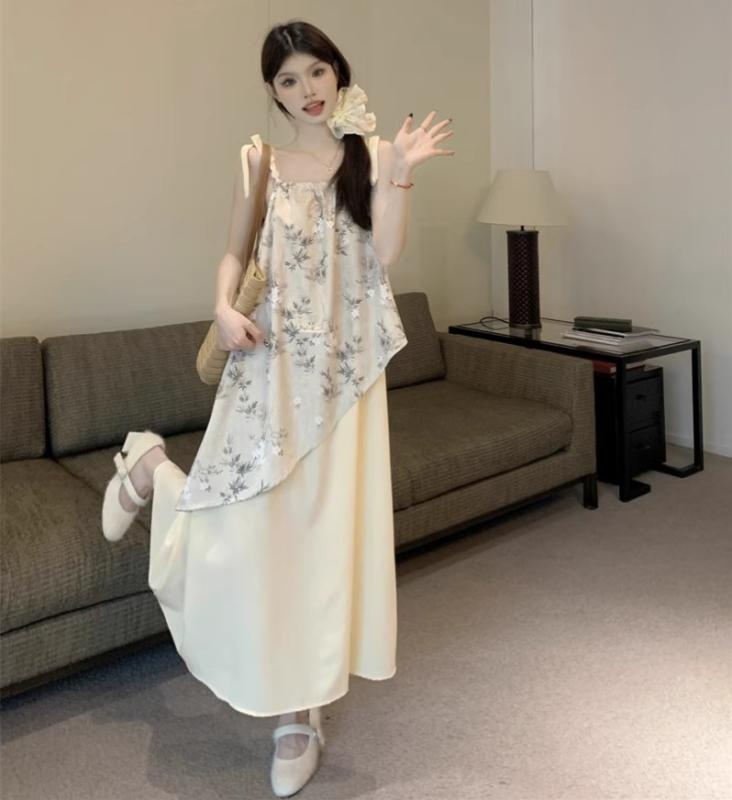 レディース ビーチ 旅行 タイダイ柄 フェイクツーピース キャミソール ロング丈 ワンピース カジュアル おしゃれ