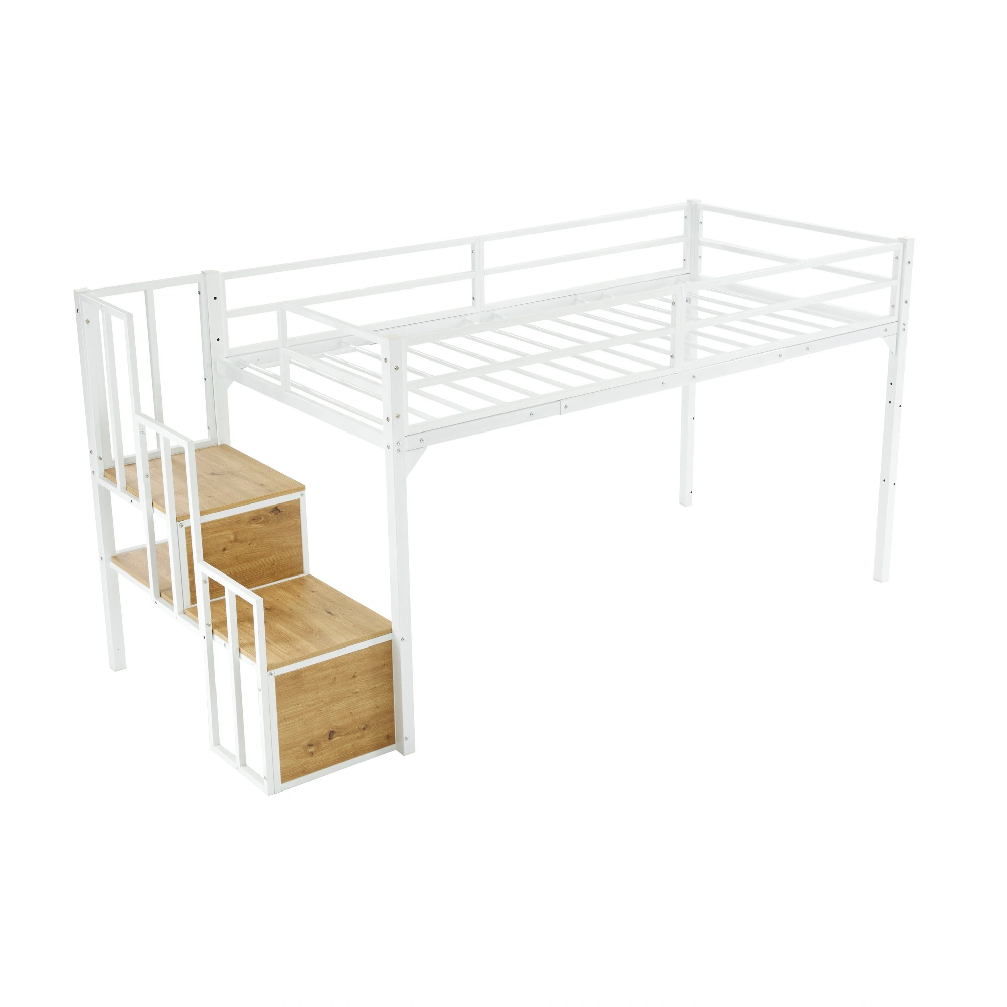 【国内発送&送·料·無·料】新作 ロフトベッド ホワイト シングルベッド 階段付き パイプベッド 木 ロフトベッドロータイプ ロータイプ 収納 おしゃれ 北欧風 スチール142 子供部屋