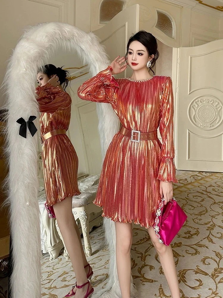 2024春 フランス風 ワンピ ダイヤモンド飾り 皺 フリル パーティードレス キャバ 着痩せ 大人 お呼ばれ 同窓会 披露宴 卒業式 結婚式 ウェディング 二次会 成人式30%までに制限