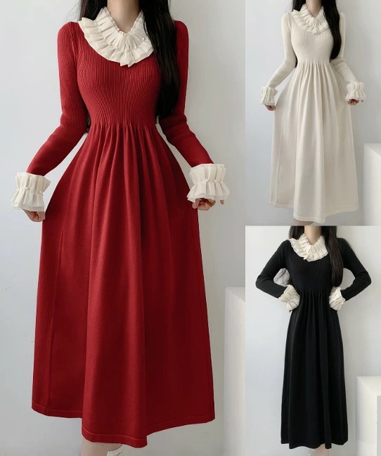 ロングワンピース ニットワンピース 厚手 フリル 長袖 レトロ かわいい レディース大きいサイズ レディース 秋冬 結婚式 きれいめ タイト フォーマル 大人 上品 チュニック one-piece