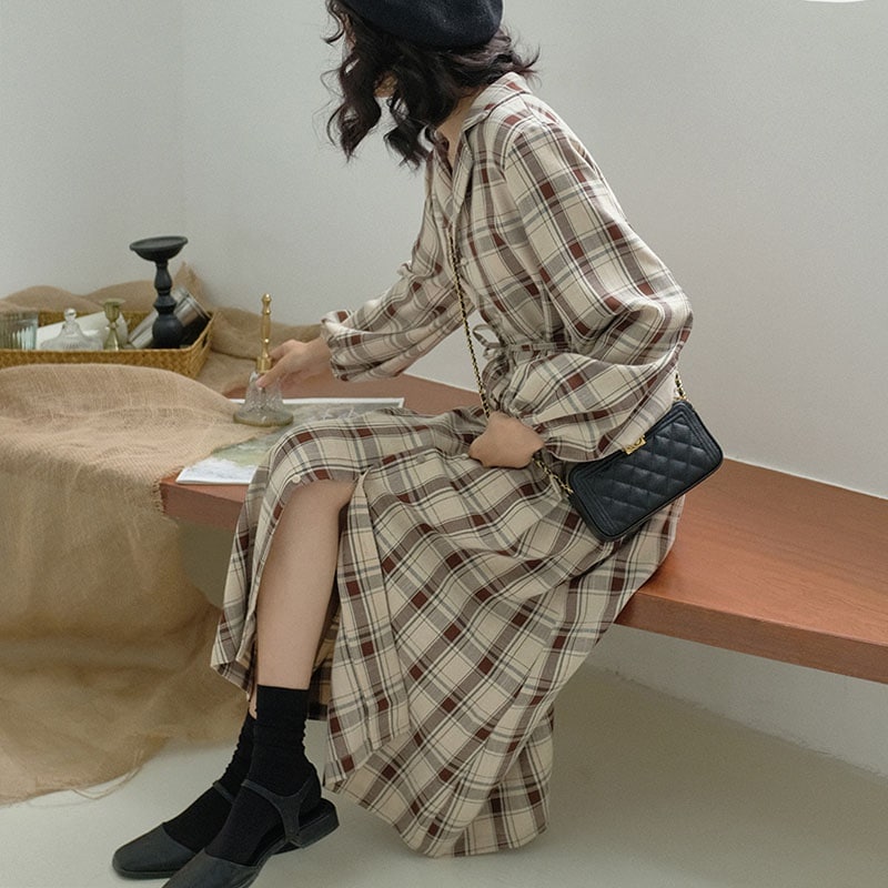 所を供养をもらわ復古腰着やせ長袖のシャツを格子スカート気質のワンピースの女性
