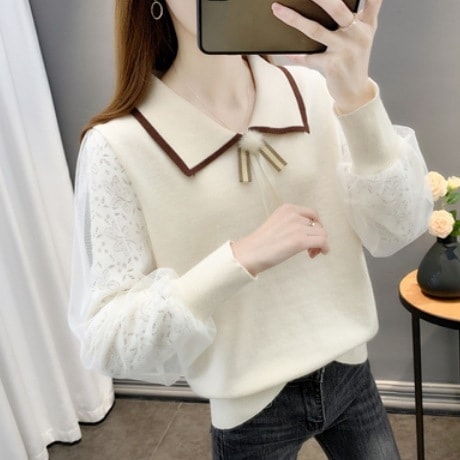 重ね着風長袖トップス ニット ブラウス 袖あり 長袖 襟付き ストレート レース ニット 爽やか かわいい 可愛い きれいめ シンプル カジュアル 上品 おしゃれ かっこいい レトロ アジアン