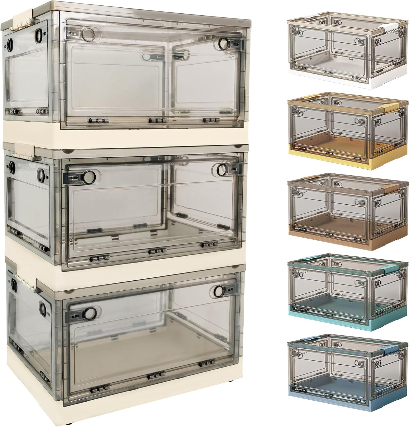 折り畳み透明収納ボックス 蓋付き キャスター付き ロック付き 積み重ね 組み立て簡単 省スペース 厚み 強耐荷重 XLサイズ アイボリー 56L 3個セット 衣類/小物/お菓子/おもちゃ/本類 家庭用