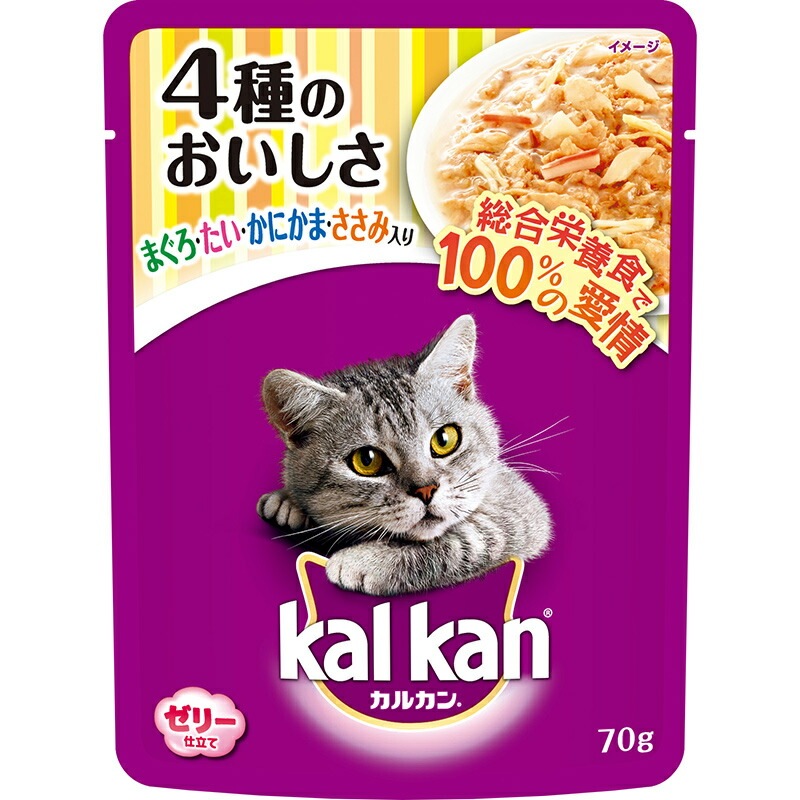 （まとめ買い）マース カルカン パウチ 1歳から ゼリー仕立て 4種のおいしさ まぐろ/たい/かにかま/ささみ入り 70g [x40]