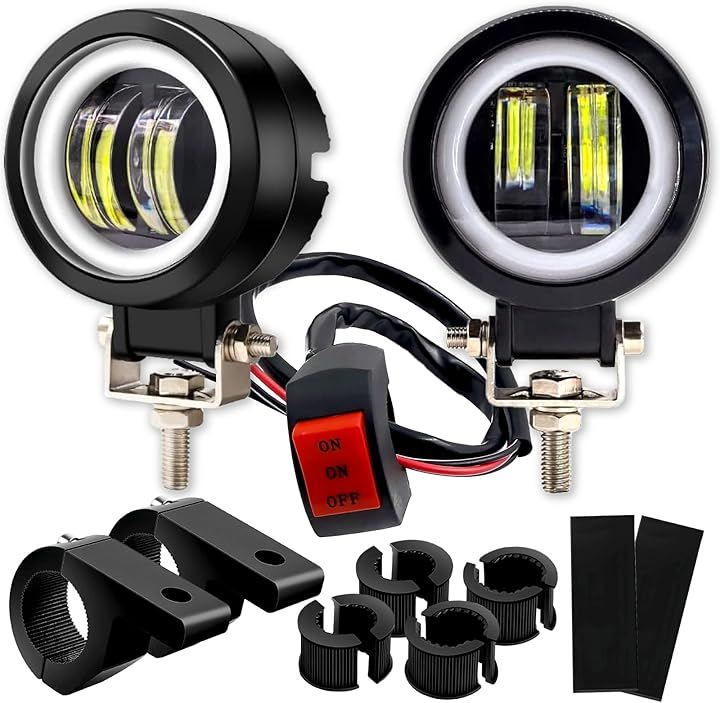 フォグランプ バイク LED 汎用 イカリング 20W 丸型 防水 IP65 12V/24V 2個 スイッチ/ステー付き (ブラック, 本体2個+スイッチ+ステー)