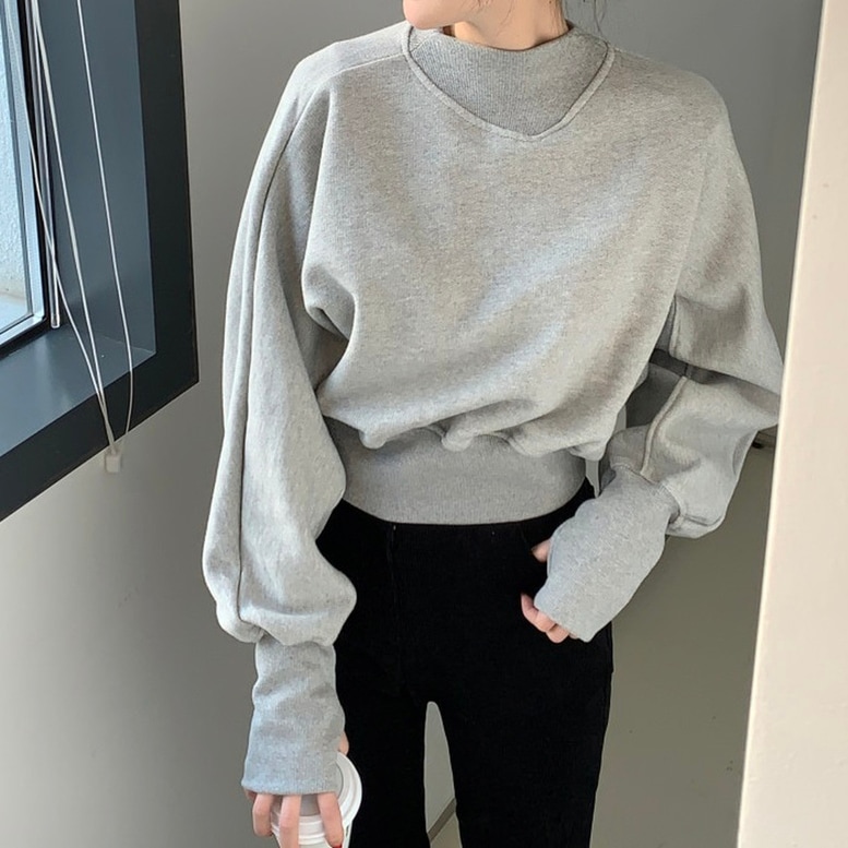 シャツ トップス クロップドスウェットシャツ レディース スウェット プルオーバー ショート丈 長袖 ハイネック 無地 クロップド丈 灰色 ライトグレー オシャレ シンプル きちんと感 可愛い