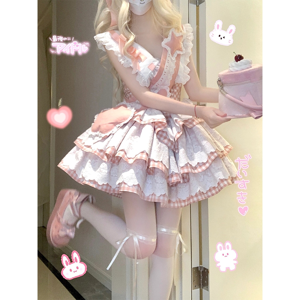 コスプレドレスロリータスカートワンピースピンクチェック柄小さなフライングスリーブロリータドレスロリータふわふわプリンセスドレス