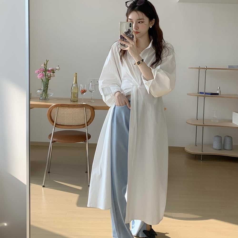 ワンピース シャツワンピース レディース ロングワンピース ブルー ホワイト Aライン フレア