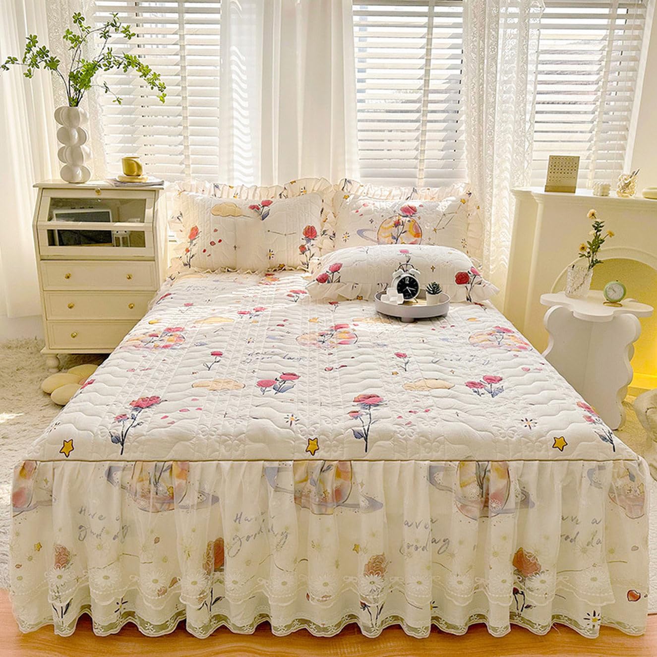 Fzigenle ベッドスカート 2点枕カバー 中綿 キルティング 中綿 A120*200 上品 厚め 姫系 レース ベッドカバー 秋冬 暖かい レース フリル 柔らか ダブル キング カラーb11