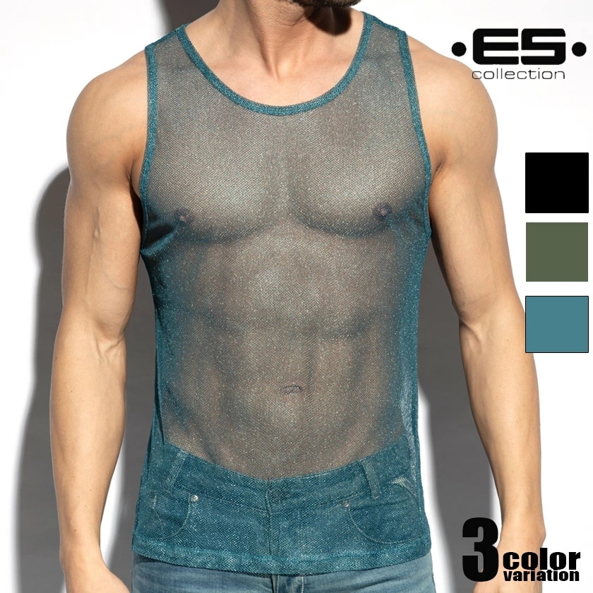 EScollection/イーエスコレクションMALDIVES TANK TOP 光沢メッシュ タンクトップ　袖なし　ノースリーブ　スリーブレス　メンズ　ファッション　トップス 透け 微細メッシュ