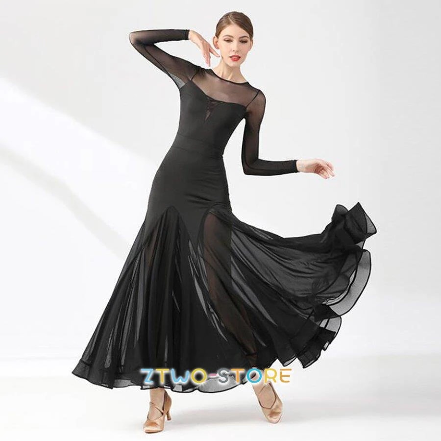 社交ダンスドレスレディース モダンダンス ロング丈ワンピース 長袖 レッスン着 フラメンコ ワルツ専用ドレス スタンダード練習着