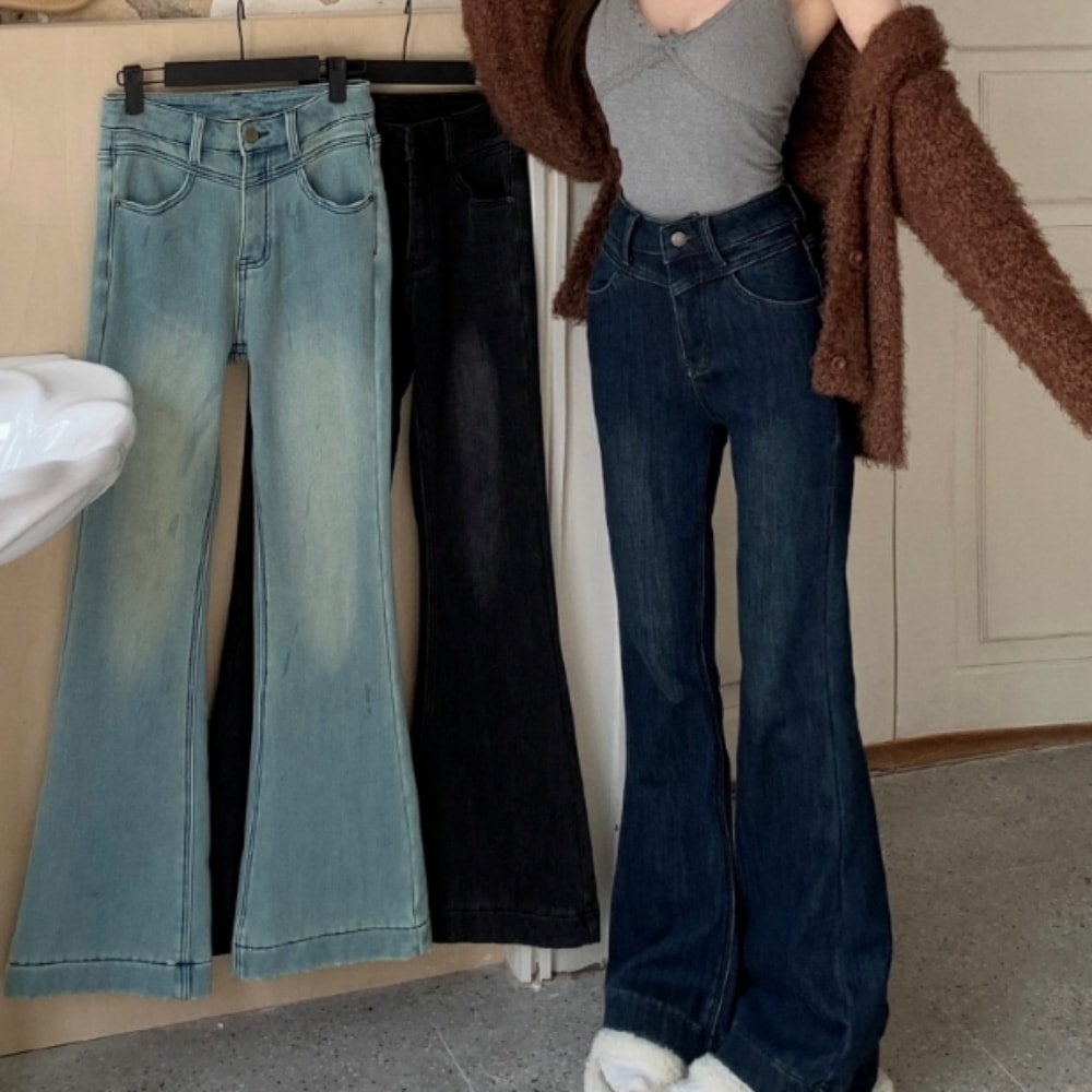 レディース パンツ ボトムス フレア ロングパンツ フルレングス フレア 裾ワイド ブーツカット フェミニン ファスナー ポケット ハイウエスト デニム ブルーデニム カラーデニム 中厚手 綿