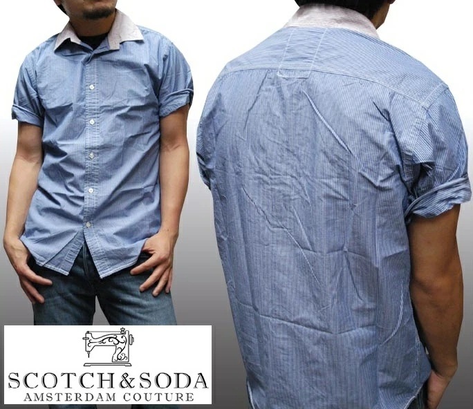 セール スコッチ&ソーダ シャツ 400種類の品揃え SCOTCH&SODA スコッチアンドソーダ メンズ 半袖 ストライプ シャツ ブルー サファリ シャツ ボタンシャツ カジュアル ブラン