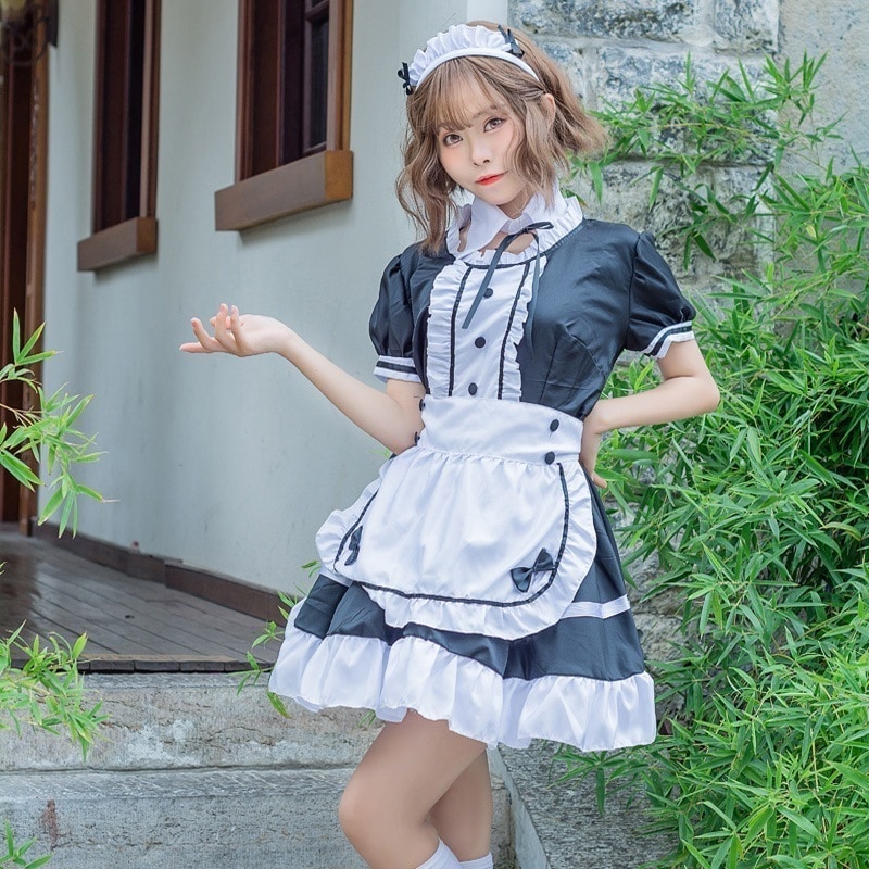 プラスサイズ黒と白半袖メイド服コスプレ衣装ココスプレメイド服プリンセスドレス