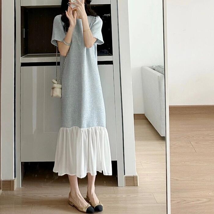 ワンピース ワンピ ドレス 袖あり 異素材 レディース エレガント きれいめ カジュアル ツイード 切り替え 半袖 大人 可愛い フェミニン ナチュラル ミモレ丈 上品 クラシカル 通勤 体型カバー 6,996円