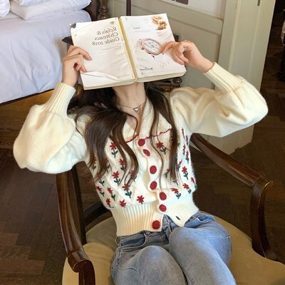 花柄ニットカーディガントップス カーディガン ショート ショート丈 袖あり 長袖 襟付き ポロカラー