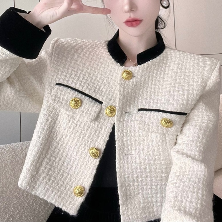 クロップドツイードジャケット レディース アウター ジャケット ツイードジャケット クロップドジャケット ノーカラージャケット ライトアウター ゴールドボタン レトロ バイカラー 白 赤 灰色