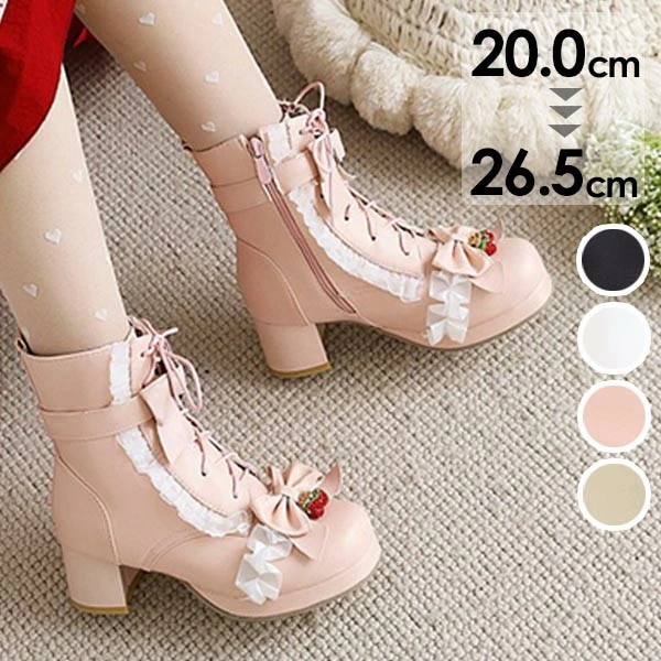 ショートブーツ レディース レース ボア付き 秋冬 ロリータ靴 可愛い 姫様 お嬢様 女の子 おしゃれ 日常 美脚 お茶会 小さいサイズ 大きいサイズ ピンク ホワイト ベージュ ブラック 20.0